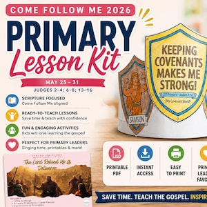 Könnte beinhalten: Ein Primary-Lektions-Kit für 2026, mit dem Thema "Komm und folge mir". Das Kit enthält druckbare PDFs, sofort einsetzbare Lektionen und ansprechende Aktivitäten. Das Design beinhaltet Schildillustrationen mit dem Text "Bund halten macht mich stark!"