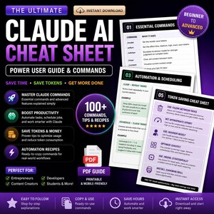 Può includere: Un cheat sheet di Claude AI viola e bianco con il testo "The Ultimate Claude AI Cheat Sheet" e "Power User Guide & Commands". Include comandi essenziali, ricette di automazione e suggerimenti per il risparmio di token. La guida PDF è stampabile e adatta ai dispositivi mobili.