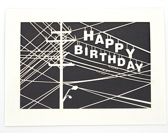 Telephone Wires with a Happy Birthday banner Laser Cut Greeting Card