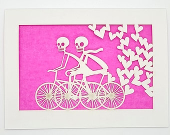 Calaveras Biking with emissions of Hearts, laser cut greeting card for the bike lover you know, sugar skull, day of the dead, Halloween