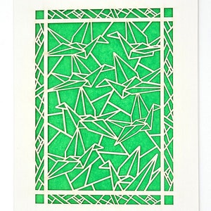 Papierkraniche , Lasercut-Karten, ein Symbol für Erfolg und Glück, ein Tanz der Kraniche, Start von 1000 Kranichen, wünschen sich etwas