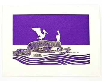 Pelicans, hanging out on a large rock off the coast, a sweet blank card for any occasions, laser cut greeting