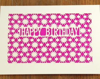 Happy Birthday with a Geometric Star Pattern, laser cut greeting card