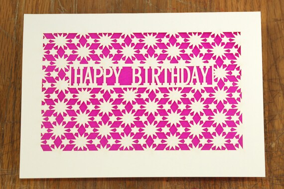 Happy Birthday with a Geometric Star Pattern, laser cut greeting card