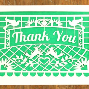 Biglietto di ringraziamento in stile Papel Picado, biglietto di ringraziamento in una bandiera di carta, biglietto di auguri tagliato al laser, invia una nota, ringrazia un amico