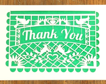 Thank You card in a Papel Picado style, thank you in a paper flag, laser cut greeting card, send a note, say thank you to a friend