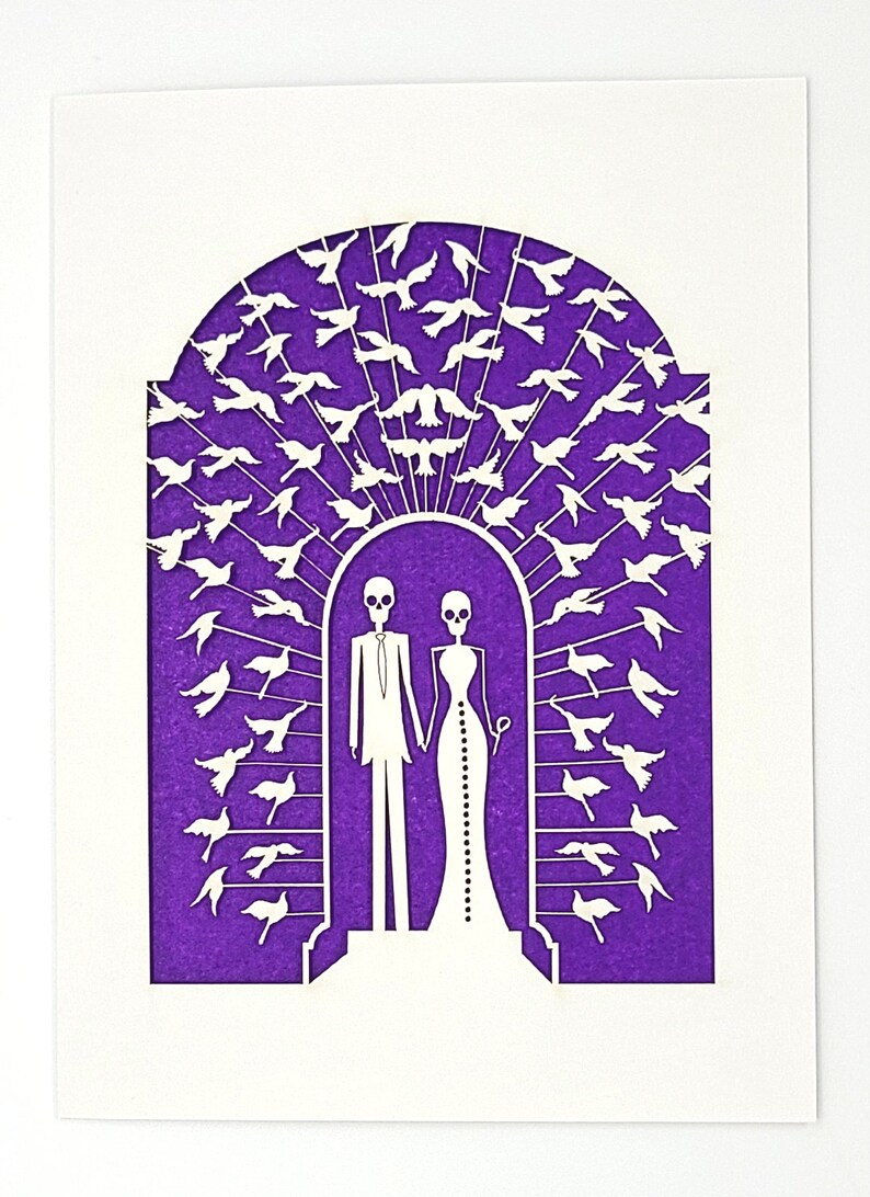 Bride and Groom Calavera surrounded by doves, a great card for all weddings or any anniversary, laser cut greeting cards image 1