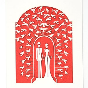 Bride and Groom Calavera surrounded by doves, a great card for all weddings or any anniversary, laser cut greeting cards image 2