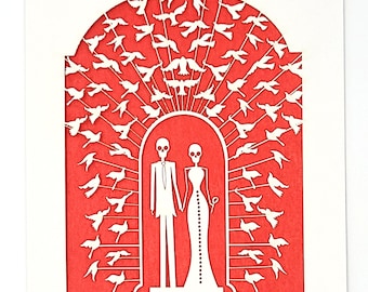 Bride and Groom Calavera surrounded by doves, a great card for all weddings or any anniversary, laser cut greeting cards