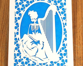Day of the Dead, Calavera playing a harp, Laser Cut greeting Card.  Send a card just because you want too