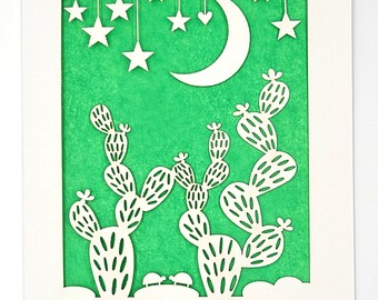 Love you to the Moon, desert scene with cactus, stars, the moon, a pair of turtles in love - laser cut greeting card