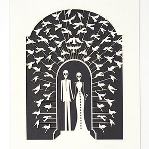 Bride and Groom Calavera surrounded by doves, a great card for all weddings or any anniversary, laser cut greeting cards image 3