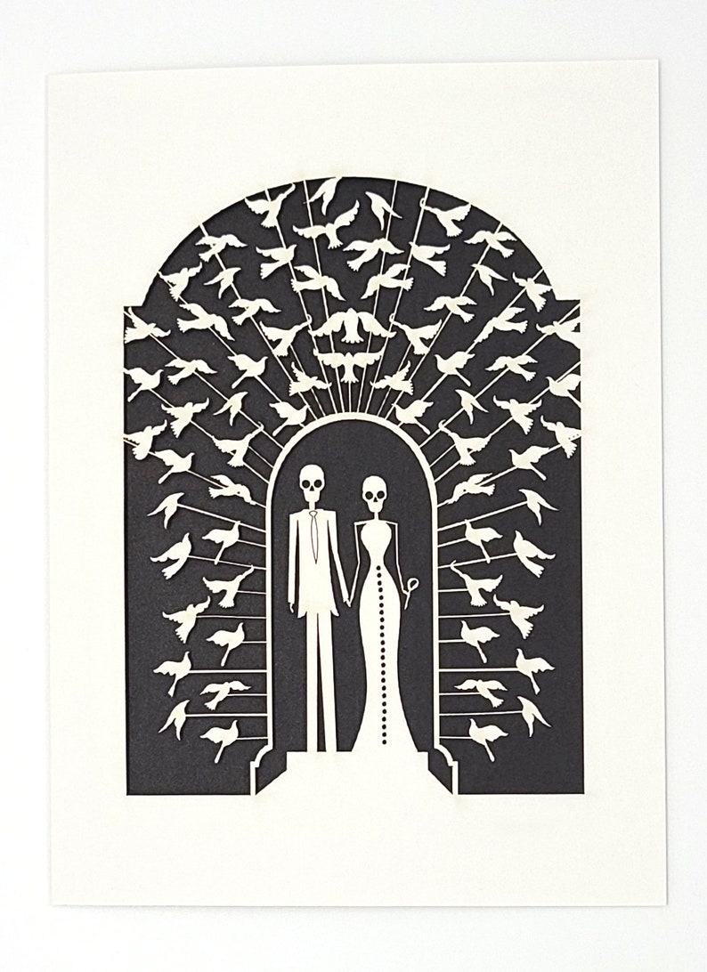 Bride and Groom Calavera surrounded by doves, a great card for all weddings or any anniversary, laser cut greeting cards image 3