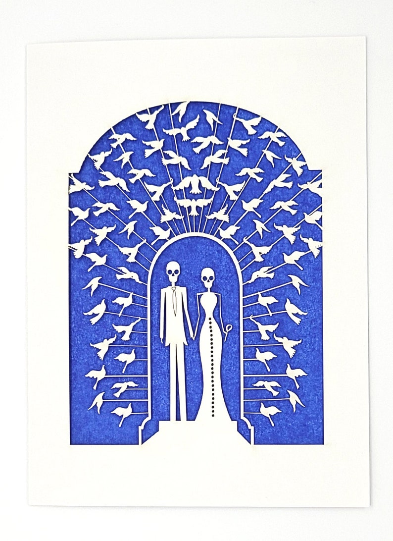 Bride and Groom Calavera surrounded by doves, a great card for all weddings or any anniversary, laser cut greeting cards image 8