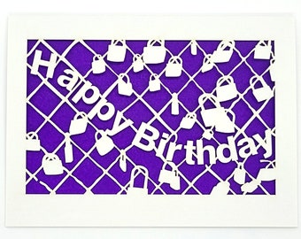 Say Happy Birthday with Bike Locks on a fence, laser cut greeting card