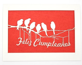 Feliz Cumpleanos, with a bunch of Birds, Happy Birthday, laser cut card, put a bird on it, Birds on a Branch, Say Happy Birthday in Spanish