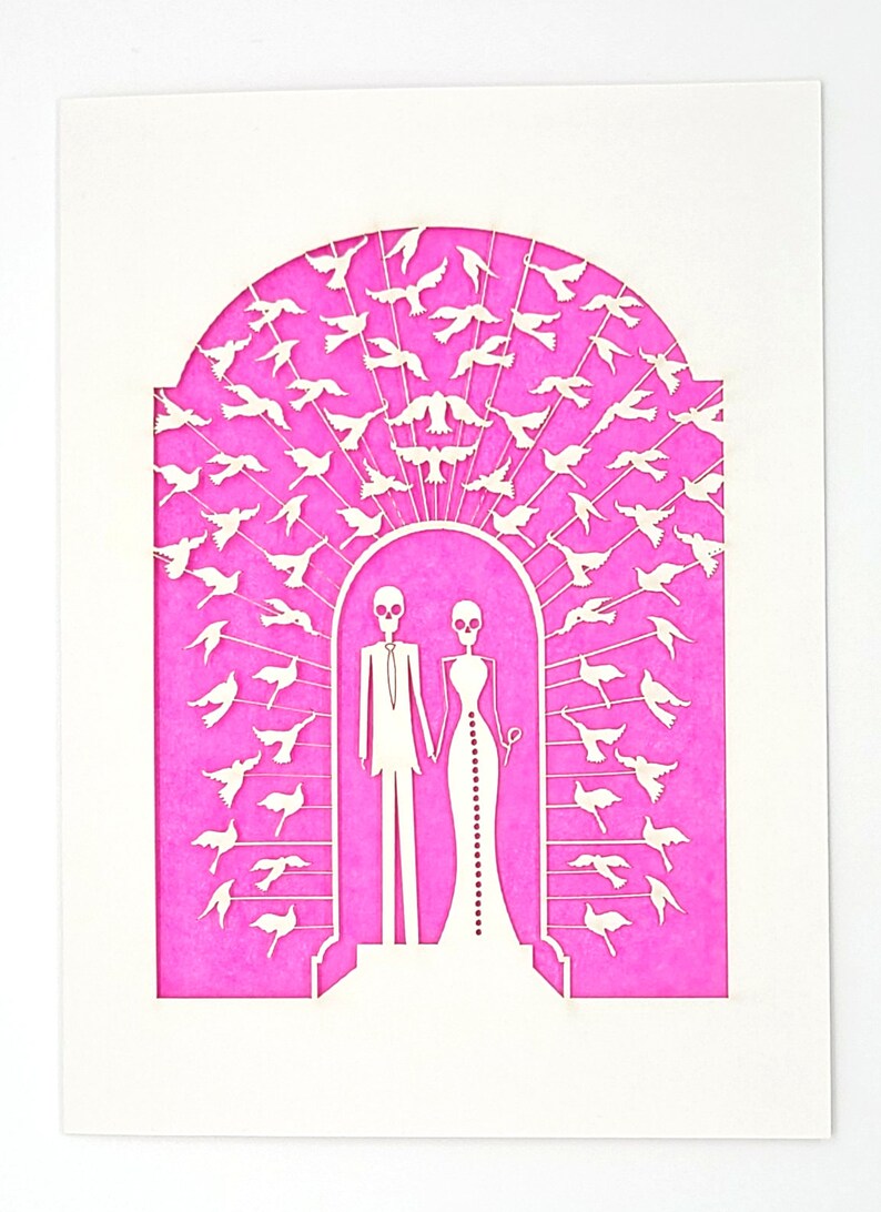 Bride and Groom Calavera surrounded by doves, a great card for all weddings or any anniversary, laser cut greeting cards image 10