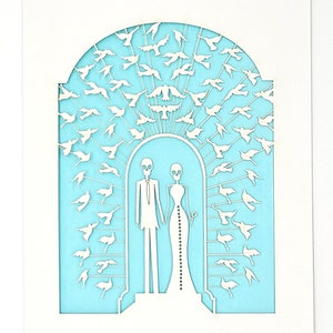 Bride and Groom Calavera surrounded by doves, a great card for all weddings or any anniversary, laser cut greeting cards image 7