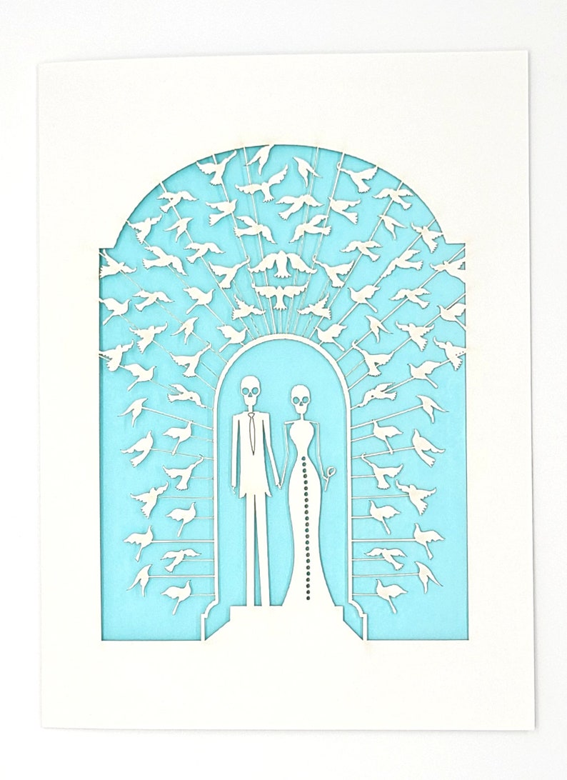 Bride and Groom Calavera surrounded by doves, a great card for all weddings or any anniversary, laser cut greeting cards image 7