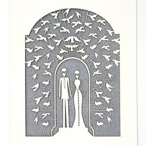 Bride and Groom Calavera surrounded by doves, a great card for all weddings or any anniversary, laser cut greeting cards image 6