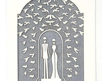 Bride and Groom Calavera surrounded by doves, a great card for all weddings or any anniversary, laser cut greeting cards