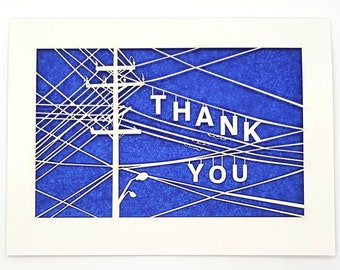 Thank You hanging from telephone lines, a little old school design, why call send a letter, handmade laser cut greeting card