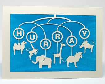 Hurray !!!! Animal Mobile Baby Invitation or Congratulations card, Laser Cut Card with colored tissue