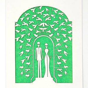 Bride and Groom Calavera surrounded by doves, a great card for all weddings or any anniversary, laser cut greeting cards image 4