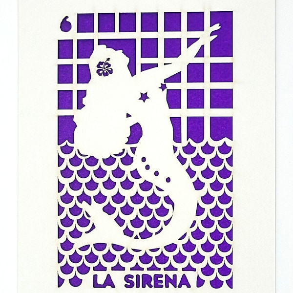 La Sirena - our version of the Loteria Mermaid card, Mermaid with stars laser cut greeting card