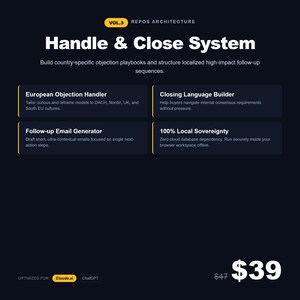 Op de afbeelding: Een donkerblauwe digitale infographic getiteld Vol.3 Repos Architecture Handle & Close System. Het bevat vier modules: European Objection Handler, Closing Language Builder, Follow-up Email Generator en 100% Local Sovereignty. De tekst is wit en geel.
