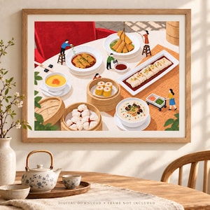 Nyckfull Dim Sum-väggkonst, illustration av Hongkongs mat (digital nedladdning)