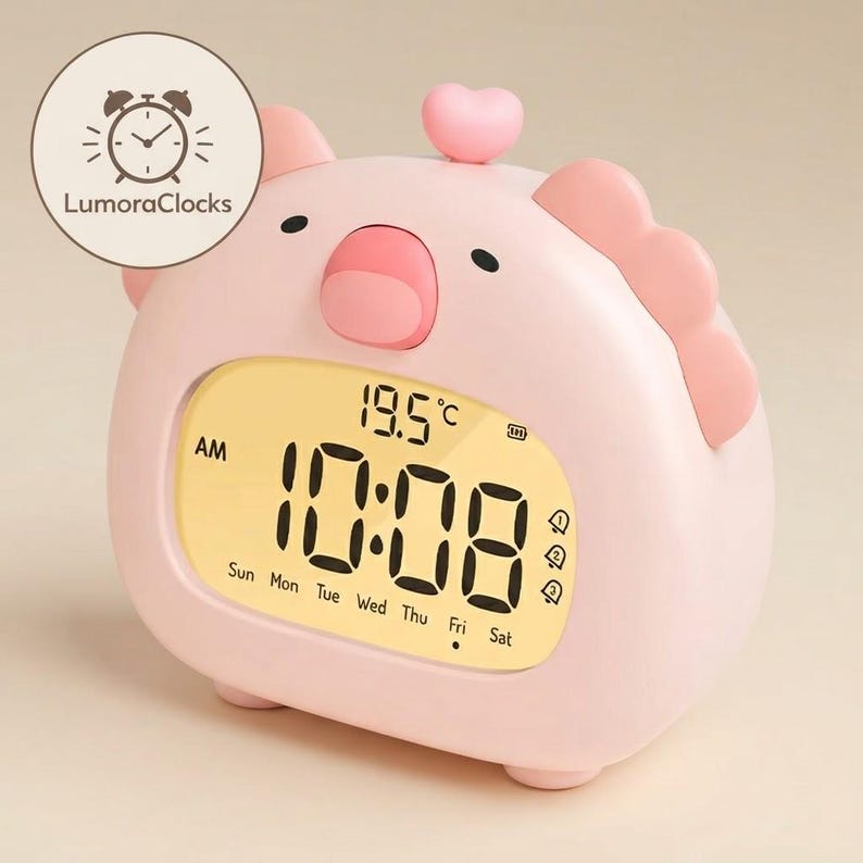 Pink Pig Digital Alarm Clock Kids LED Desk Clock Temperature Display ...