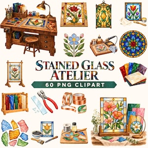 May include: A collection of stained glass art supplies and finished pieces including a wooden workbench, glass sheets, soldering tools, copper foil, and floral stained glass panels with the text Stained Glass Atelier 60 PNG Clipart.