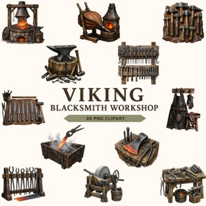 May include: A collection of 30 digital clipart illustrations depicting a Viking blacksmith workshop, including a stone forge, bellows, various metal hammers, tongs, anvils, a sharpening wheel, a leather apron, and forged metal tools and weapons.