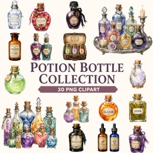 May include: A collection of digital illustrations featuring various glass potion bottles with corks, labels, and liquid contents in diverse colors, accompanied by the text Potion Bottle Collection 30 PNG Clipart, displayed on a plain background.