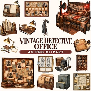 Op de afbeelding: Een collectie van 45 digitale clipart-afbeeldingen van een vintage detectivekantoor, inclusief bewijsborden met foto's en kaarten, houten bureaus, archiefkasten, vergrootglazen, camera's, lampen en diverse onderzoeksinstrumenten.