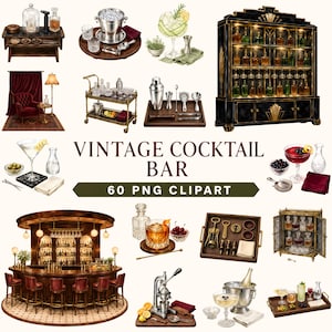 Puede incluir: Una colección de ilustraciones digitales etiquetadas como VINTAGE COCKTAIL BAR 60 PNG CLIPART, que presenta varios elementos de bar, incluyendo una gran barra de madera oscura con taburetes, un gabinete negro con botellas de vidrio, carritos de bar, cocteleras, cristalería, cubiteras y herramientas de bar.