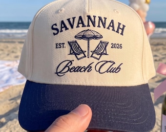 Embroidered Beach Club Bachelorette Cap, Custom Location Vacation Cap, Destination Bachelorette Party Cap, Bride Squad Beach Trip Hat