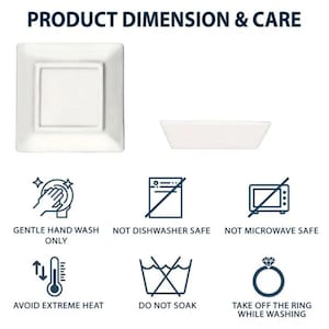 May include: White square and rectangular ceramic dishes. The image also shows care instructions: gentle hand wash only, not dishwasher safe, not microwave safe, avoid extreme heat, do not soak, and take off the ring while washing.