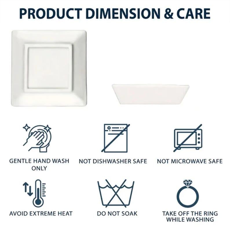 May include: White square and rectangular ceramic dishes. The image also shows care instructions: gentle hand wash only, not dishwasher safe, not microwave safe, avoid extreme heat, do not soak, and take off the ring while washing.