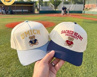Embroidered Teddy Bear University Cap, Custom College Name  Hat, Cute School Spirit Cap, Retro Game Day Two-Tone Cap, College Gifts