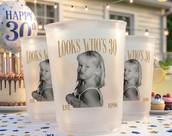 Personalized Look Who's 30 Photo Birthday Cups, Custom Vintage Est 1996 Face Picture Cup, Custom Face Birthday Party Cups, Party Drinkware