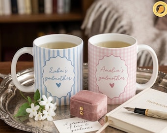 Custom Godmother Announcement Ceramic Mug, Mothers Day Mug for Daughter, Personalized Name Stripe Coffee Cup,  Godparent Proposal Gifts