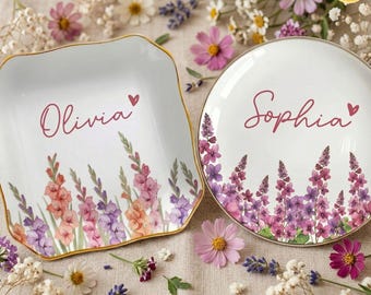 Personalized Watercolor Birth Month Flower Ring Trinket Dish, Birthday Jewelry Dish, Wedding Favor Gift For Mom, Wedding Bridesmaid Gifts