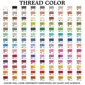 K&ouml;nnte beinhalten: Eine Farbkarte mit 127 Garnfarben, jede mit einer Nummer und einem Farbmuster. Der Text "THREAD COLOR" steht oben und "COLOR WILL LOOK DIFFERENT DEPENDING ON LIGHT AND SCREENS" unten.