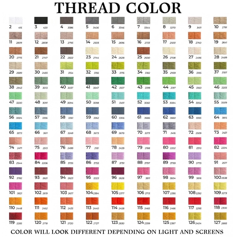 K&ouml;nnte beinhalten: Eine Farbkarte mit 127 Garnfarben, jede mit einer Nummer und einem Farbmuster. Der Text "THREAD COLOR" steht oben und "COLOR WILL LOOK DIFFERENT DEPENDING ON LIGHT AND SCREENS" unten.