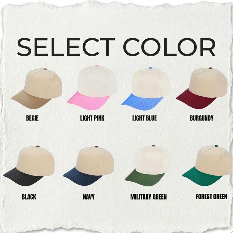 K&ouml;nnte beinhalten: Eine Auswahl an Baseballkappen in verschiedenen Farben, darunter Beige, Hellrosa, Hellblau, Burgunderrot, Schwarz, Marineblau, Milit&auml;rgr&uuml;n und Waldgr&uuml;n. Der Text "SELECT COLOR" ist &uuml;ber den Kappen zu sehen.