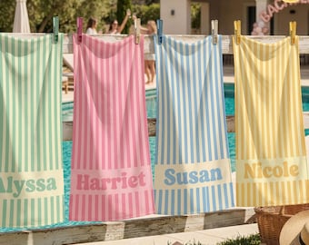 Personalized Groovy Striped Swim Towel, Custom Name Beach Towels, Striped Bachelorette Party Gift, Women Bath Towel, Bridesmaid Towel Gift