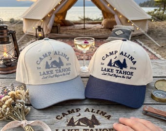 Embroidered Lake Tahoe Camping Two-Tone Cap, Bride Squad Gift, Camp Bachelorette Bachelor Party, Bride Camping Trip, Bridal Party Gifts