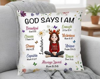 Personalized God Says I Am Pillow Case, Custom Birth Month Flower Pillow Case, Daughter Birth Flower Pillow Case, Christian Birthday Gifts